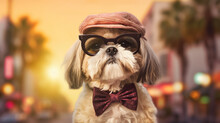 Cute And Funny Dogs Dressed Up With Hats, Glasses, Ties, And Bows, Modeling For Hollywood. Dogs Dressed Up. Hollywood Dogs. Images Generated By AI.