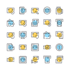 Fototapete - Credit card line icons. Set of credit card icons. Black, blue and yellow colors. Modern outline graphic design. Vector line icons set