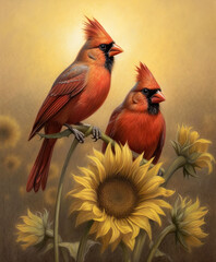 Wall Mural -  Northern Cardinal Birds in Sunlower Field . AI generated Illustration.