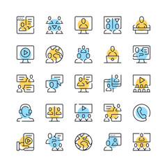 Fototapete - Online conference line icons. Set of video conference icons. Black, blue and yellow colors. Modern outline graphic design. Vector line icons set