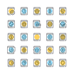 Poster - Tablet line icons. Set of tablet icons. Black, blue and yellow colors. Modern outline graphic design. Vector line icons set