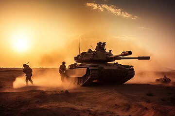 Wall Mural -  soldiers crosses warzone with fire and smoke in the desert, military special forces, tank