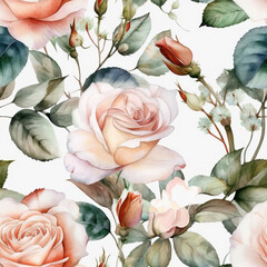 Wall Mural - Watercolor of Seamless Pattern with Roses and Leaves.AI generated Illustration.