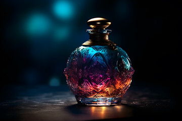 Wall Mural - Beautiful stylish perfume bottle on a dark background. Neural network AI generated art Generative AI