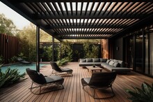 Modern Garden At Morning With Chairs And Couches By The Pool Created With Generative AI
