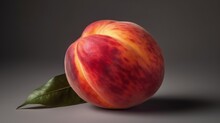 A Single Peach With A Leaf On A Simple Gray Background. Generative Ai