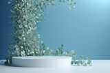 Fototapeta Przestrzenne - podium for product presentation surrounded by climbing plants on a light blue background. Generative Ai