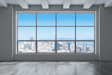 Wall Mural - Empty room Interior Skyscrapers View Cityscape. Downtown San Francisco City Skyline Buildings from High Rise Window. Beautiful California Real Estate. Day time. 3d rendering.