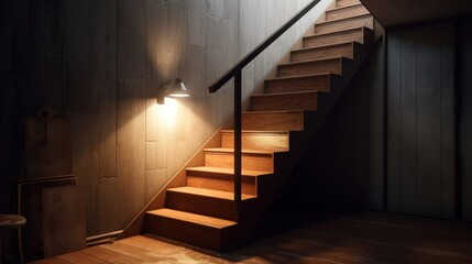 Poster - A wooden staircase with illuminated steps. Generative ai