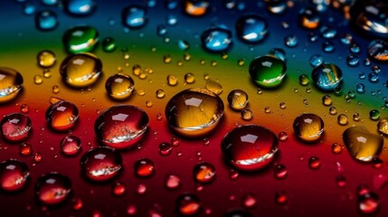 Poster - Colorful water droplets on a reflective surface creating a rainbow effect. Generative ai