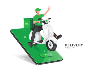 Wall Mural - Male food delivery driver sit on scoot or motorcycle waved hand to tell customer that food has arrived and all display on smartphone