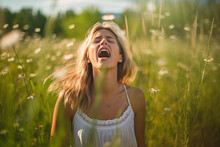 Young Adult Woman In The Grass, Meadow, Hay Fever Or Sneezing, Beginning Of Spring And Allergies. Generative AI