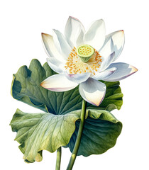 Wall Mural - Watercolor painting of a beautiful Lotus flowers on a white background. Cut out PNG illustration on transparent background. AI Generative.	