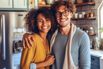 young adult woman and man at home in the kitchen, smiling happy relaxed, joyful wellbeing in free time, kitchen window with daylight. Generative AI