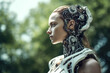 © wetzkaz - a woman half-robot or a humanoid android with artificial intelligence parts or a technological upgrade as human evolution, mechanical body parts. Generative AI