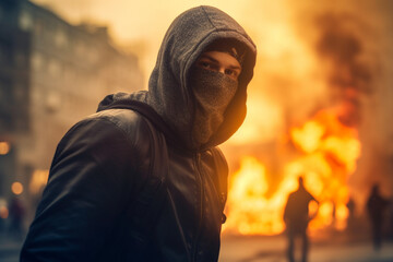 young man or adolescent youth with a hooded jacket and a grim look in a side street, violent riots o