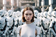 © wetzkaz - a young woman between rows of robots, fictitious happening. Generative AI