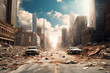 © wetzkaz - Post apocalyptic city background. Destroyed buildings, cracked road Generative AI