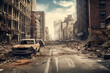 Post apocalyptic city background. Destroyed buildings, cracked road Generative AI