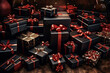 © wetzkaz - christmas presents in row and pile of christmas gifts. Generative AI