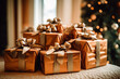 © wetzkaz - christmas presents in row and pile of christmas gifts. Generative AI