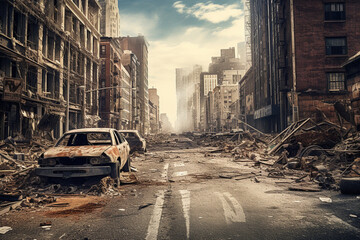 post apocalyptic city background. destroyed buildings, cracked road generative ai