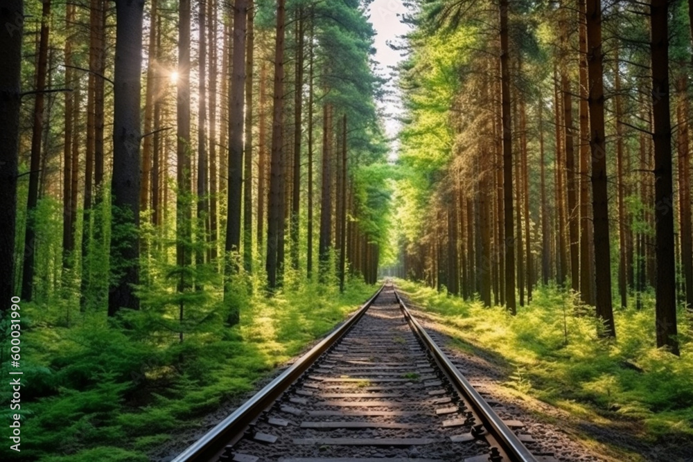 forest trees along a railroad on an summer afternoon. Train tracks ...