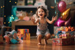 © wetzkaz - little kid laughing and looking forward smiling, hands and arms up with joy, birthday and birthday gifts. Generative AI
