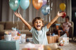 © wetzkaz - little kid laughing and looking forward smiling, hands and arms up with joy, birthday and birthday gifts. Generative AI