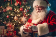© wetzkaz - santa claus distributes gifts, snowflakes christmas tree and a present in hand, christmas abstract. Generative AI