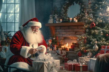 chimney and santa claus distributes gifts, snowflakes christmas tree and a present in hand, christma