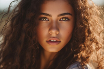 Wall Mural - closeup portrait of young adult woman or teenage girl with dark tanned skin and curly hair, attractive face, mouth slightly open, teeth, sunbeams in background from behind, pretty face. Generative AI