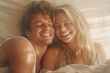 © wetzkaz - Close-up, corners of mouth pulled up, in bed, young adult woman together with handsome young adult smiling man in bed. Generative AI
