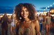 © wetzkaz - party night, young adult female beauty pretty slender woman at the sandy beach with many tourists and party people dancing and partying, fictional location. Generative AI
