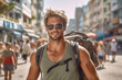 © wetzkaz - young adult man in muscle shirt with muscular body and sunglasses in a tourist street with many tourist people, fictional place. Generative AI