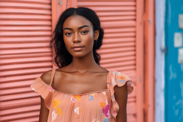 Wall Mural - young adult beautiful brunette woman wears summer colored shirt dress, pink background, summer day. Generative AI