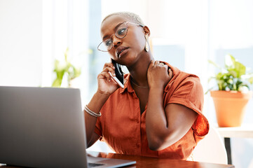 Poster - Phone call, stress and business black woman with laptop for error, mistake and network problem. Corporate office, communication and female worker with burnout, neck pain and confused in conversation