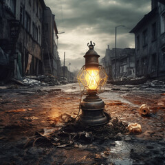 Wall Mural - old street lamp in disaster city