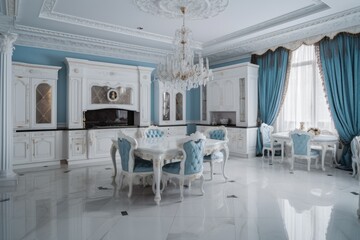 Canvas Print - dining room with blue and white furniture Generative AI