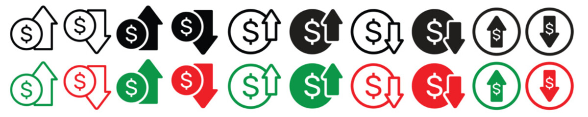 High and low cost or price icon set. lower rate and higher rate arrow. increase and decrease value sign. dollar fall symbol. icon set of loss and profit icons on white background.