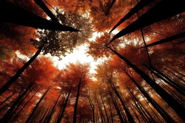 Poster - lush forest with towering trees seen from a ground-level perspective Generative AI