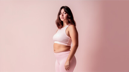 Bodypositive plus size woman in sports clothing on pink background. Generative AI. High quality illustration