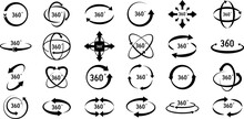 360 Degree Views Of Vector Circle Icons Set Isolated From The Background. Signs With Arrows To Indicate The Rotation Or Panoramas To 360 Degrees. Vector Illustration