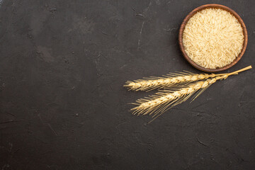 top view raw rice inside plate on grey background rice raw food granule meal