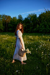 Poster - a beautiful, happy woman in a light dress stands in a chamomile field in the rays of the setting sun