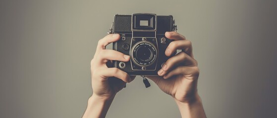 Wall Mural - world photography day, hands holding a camera isolated, Generative Ai