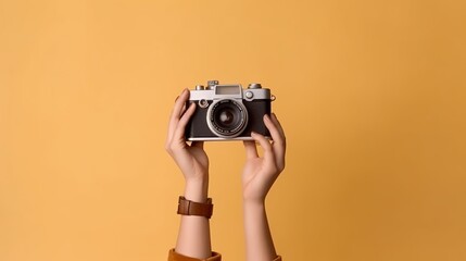 Wall Mural - world photography day, hands holding a camera isolated, Generative Ai