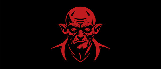 Vector stencil of a scary old red bald and wrinkled goblin with empty eyes on a black isolated background.