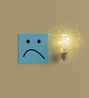 © StreetOnCamara - Blue color paper work note lightbulb lamp flare orange yellow color emotion feeling sad unhappy mood expression emotion icon negative depression  bad worry character face angry stress cartoon concept