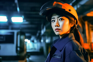 Expertise on display as a young Asian woman works heavy machinery in a factory, dressed in protective gear and with machinery and gear emphasized. generative AI